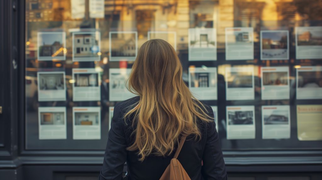 Une femme de dos qui regarde une vitrine d'agence immobilière avec des annonces suspendues