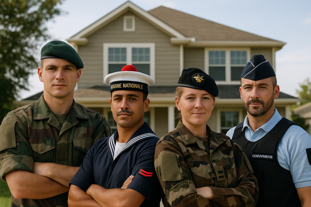 4 militaires des 4 armées devant une maison